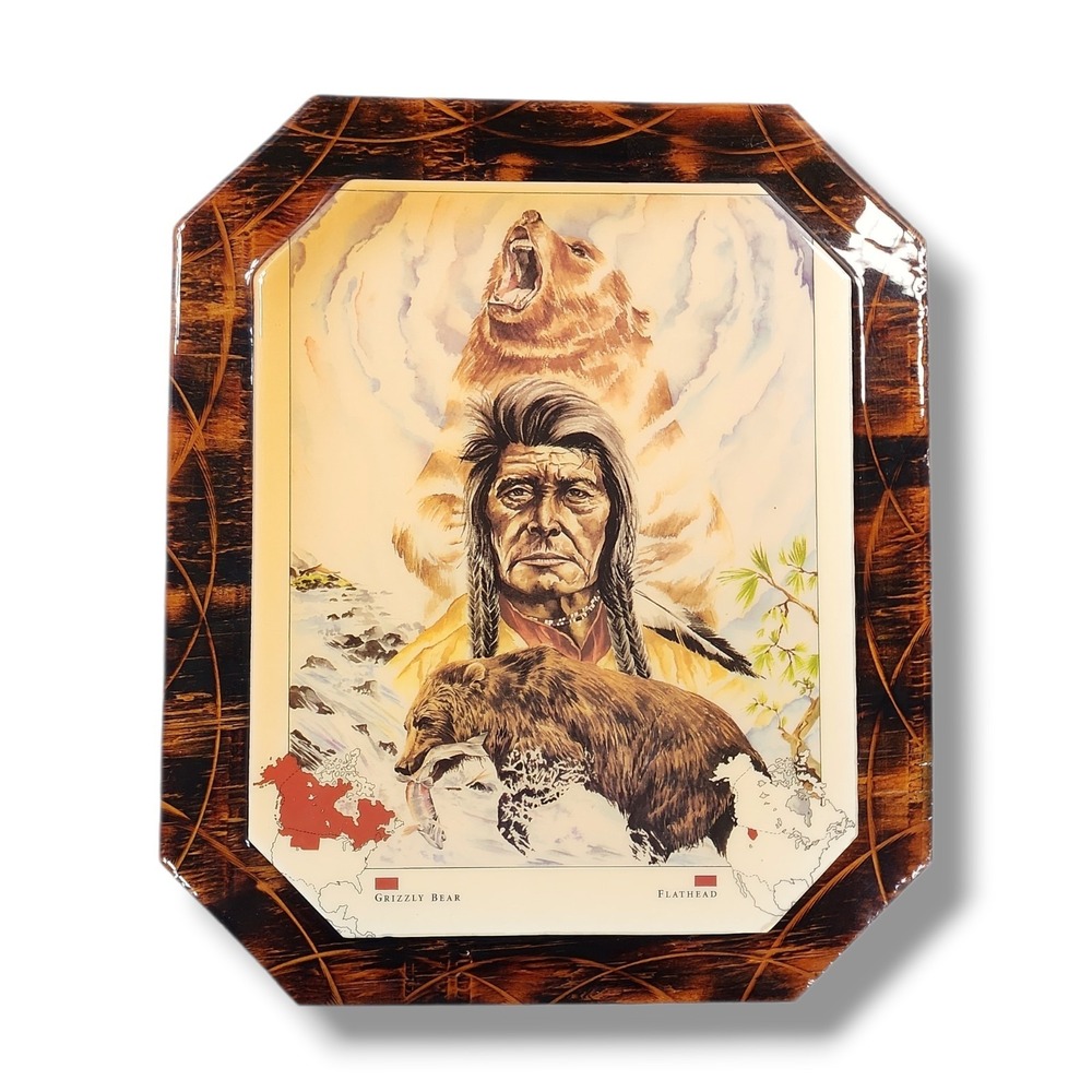 Vintage Native American Grizzly Bear Flathead Square Wood Wall‎ Plaque Decor